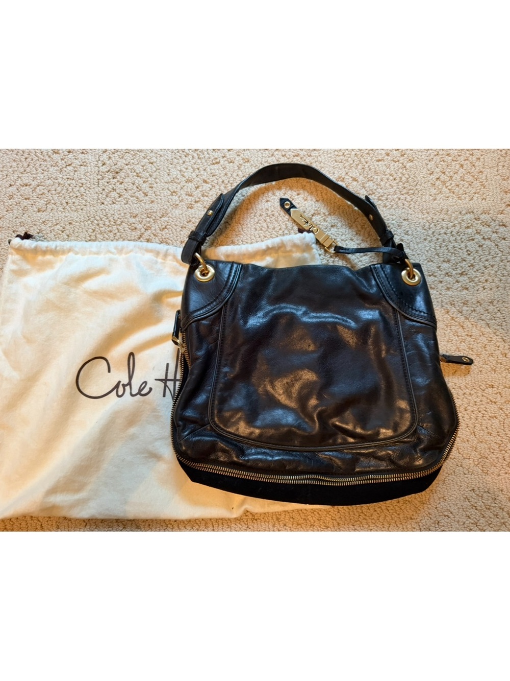 Cole Haan Black Leather Shoulder Hobo with Gold Hardware